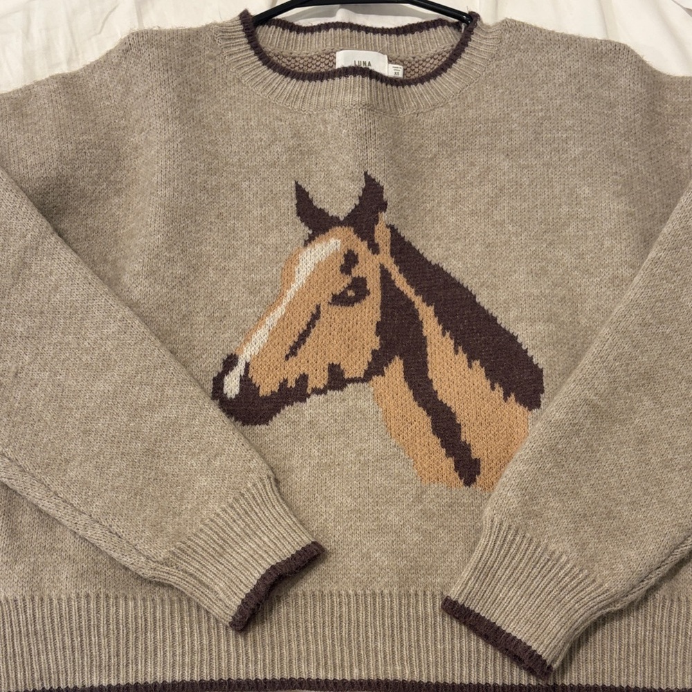 Taupe Crewneck Sweater with Horse